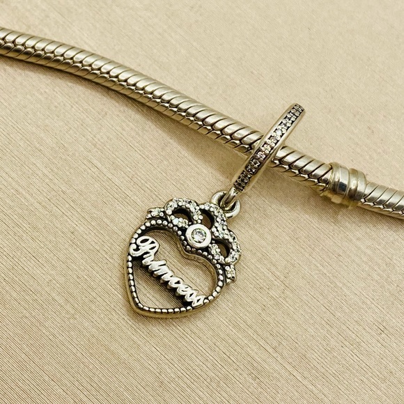 EUC Pandora 791962CZ Sterling Silver Princess Crown Heart Dangle Charm w/ CZ’s - Picture 7 of 9